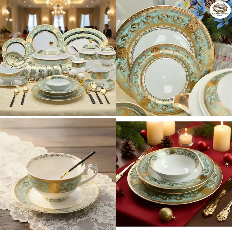 KAROSA Embossed Gold Handmade High Grade China Dinnerware Sets-Vintage Royal Style for Home Hotel &