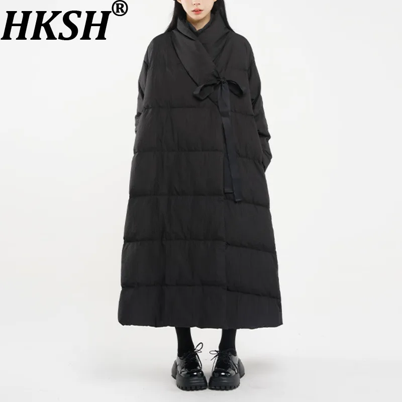 

HKSH Новое зимнее женское длинное пуховое пальто на шнуровке, однотонное, оверсайз, темная модная повседневная шикарная ветрозащитная теплая куртка HK12899