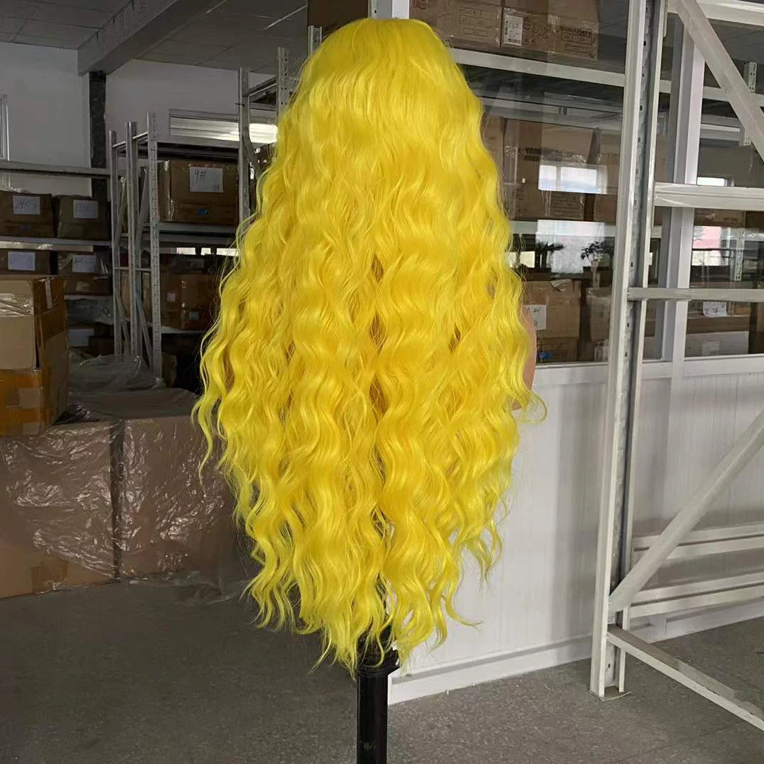 AIMEYA peluca sintética de color amarillo limón, resistente al calor, encaje frontal, onda larga de cuerpo, uso diario, fiesta de Cosplay