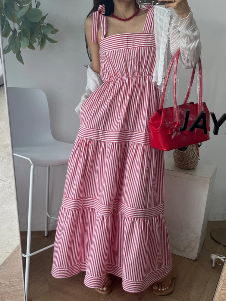 Zomer Streep Band Dr Losse Strand Vaion Fee Rok Hoge Taille A-lijn Jurk Koreaanse Sle No Sve Lange Dr
