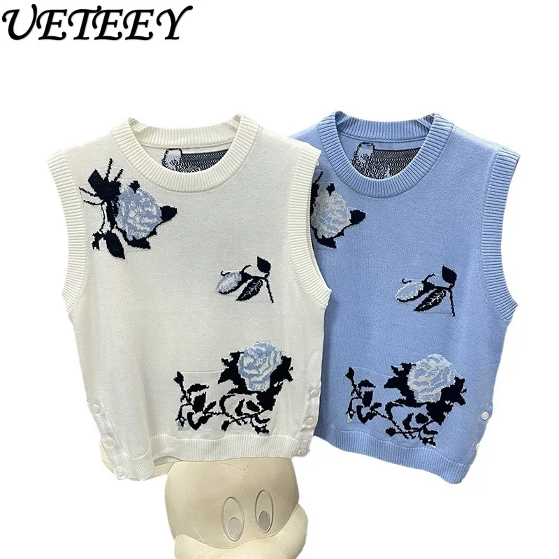 

Niche White Jacquard Crew Neck Knitted Vest Women 2025 Spring New Temperament Slim Small Short Sleeveless Sweater Vest Top