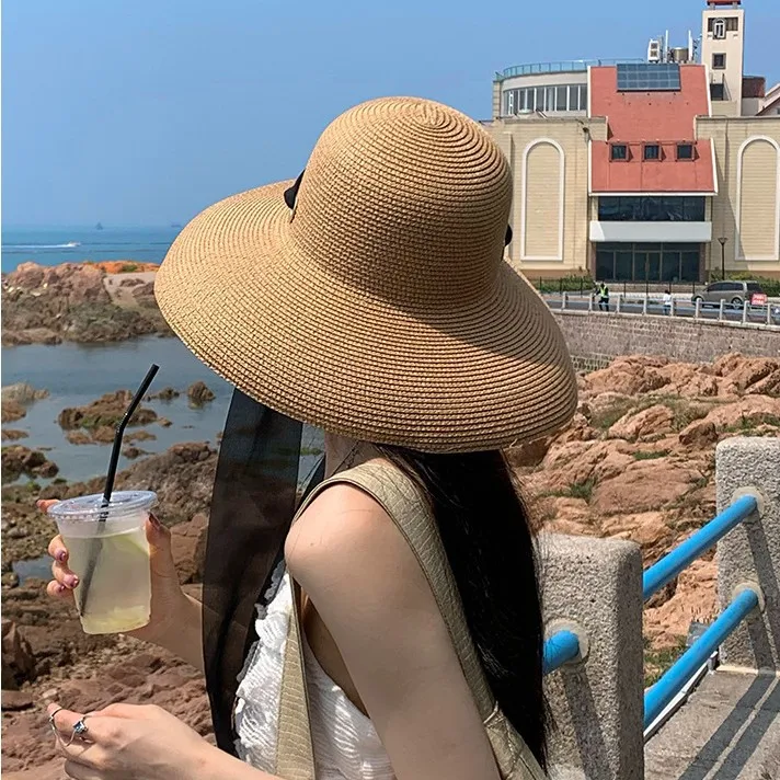 French Summer Elegant Long Ribbon Straw Hats for Women Foldable Wide Brim Panama Beach Hat Holiday Photo Props Sun Caps Gorras
