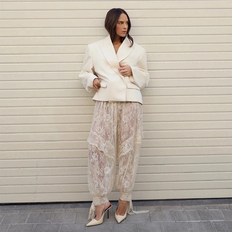 Loose Lace See Through Women's Lantern Pants Solid Ruffle Casual Female Trousers 2026 Spring Summer New Fashion Bottoms