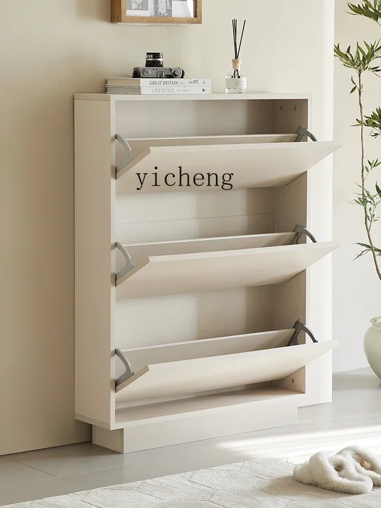 ZZ Cream Wind Solid Wood Tipping Bucket Shoe Cabinet Ultra-thin Household Entry Porch White Storage