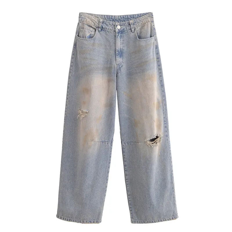ربيع 2025 جينز نسائي ممزق من قماش الدنيم عتيق مع مظهر بالون قطع l سروال طويل الخصر من قماش الدنيم للسيدات