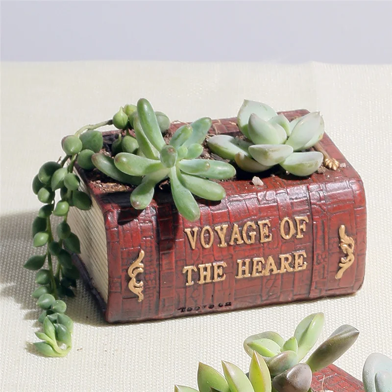 

T02C!Resin Literary Book Floral Vase Simulation Succulent Flower Pot For Garden Landscape Living Room Decorative Planter