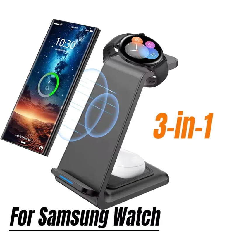 

Зарядная станция 3-в-1: беспроводное зарядное устройство-подставка для Samsung S25 S24 S23, Galaxy Watch 7/6/5/4/3/2, Buds3/2/3 Pro с быстрой зарядкой