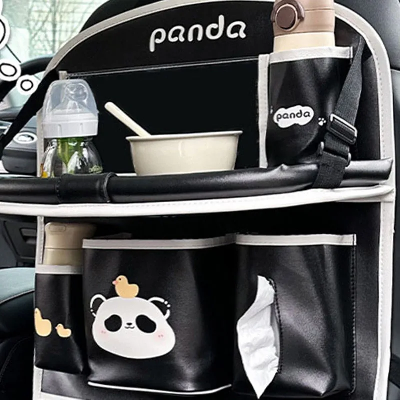Leather Deluxe Car Seat Back Organizer Multi-function Storage Bag With Foldable Dining Table Tray Car Accessory Anti-Kick Pad