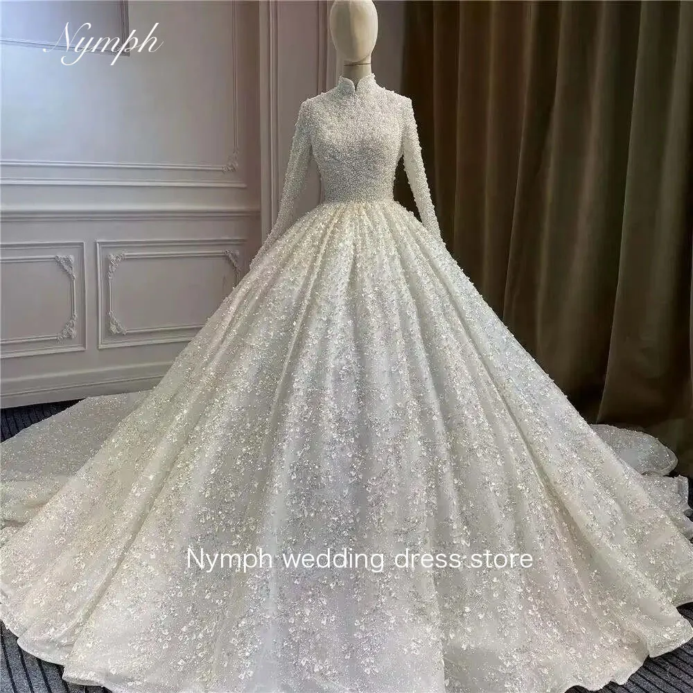 Customized Luxury Sequins Pearls Wedding Dresses High Neck Long Sleeves Bridal Gown Ball Gown Sweep Train Dress Vestido De Noiva