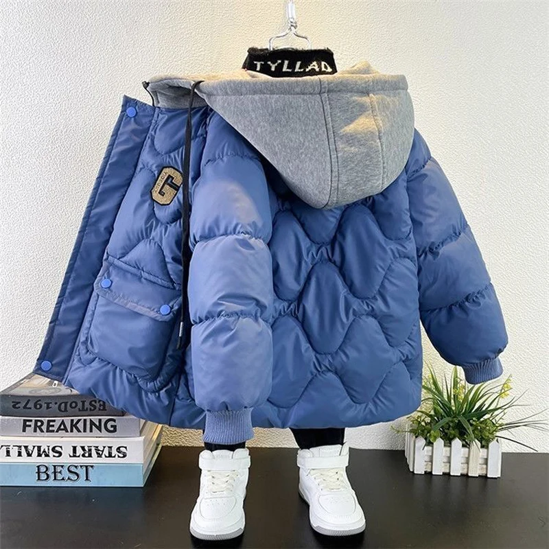 Winter Keeping Warm Boys Jacket Letter Stitching Hat Style Thick Padded Lining With Velvet Hooded Heavy Coat For Kids Send Bear