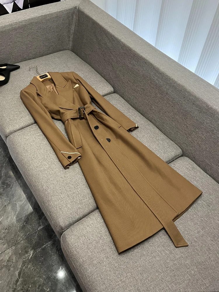 

High-Quali Fabric Long Single-Buttoned Belted Coat Ele Long Coat B30 Suit Collar Regular Cotton 00% Commute Sle