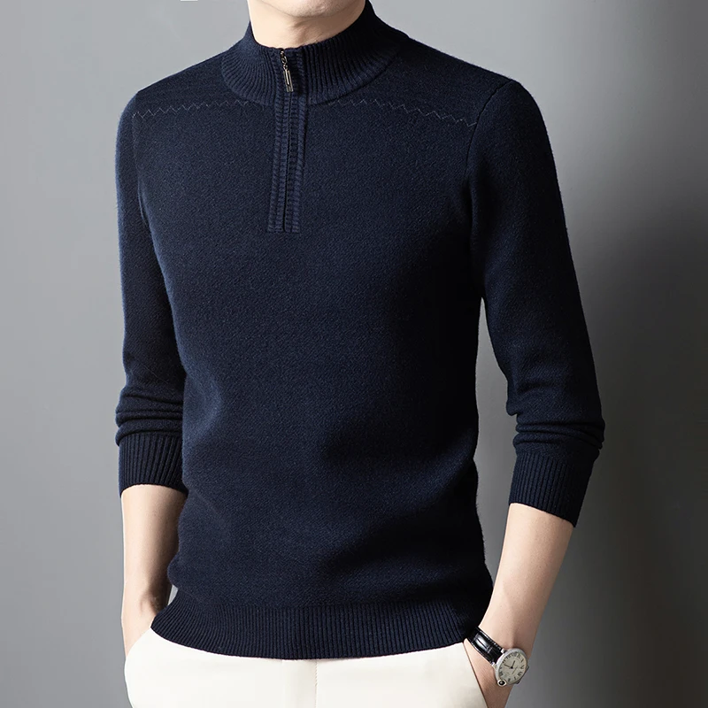 Nouveau 2025 Pure laine hommes demi-col roulé pull à glissière automne et hiver moyen-âge épaississement