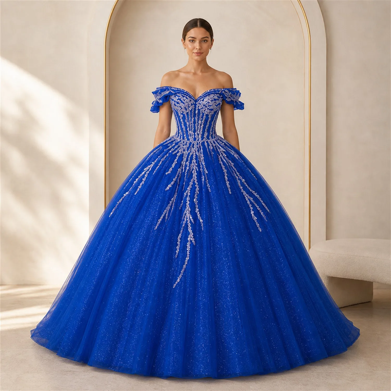 Royal Blue Quinceanera Dress Off Shoulder Silver Beaded Corset Glitter Tulle Ball Gown Sweet 15 Party Dress