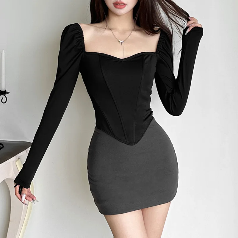 Herbst neue frauen einfarbig slim fit street fashion quadrat hals langarm backless t-shirt für frauen