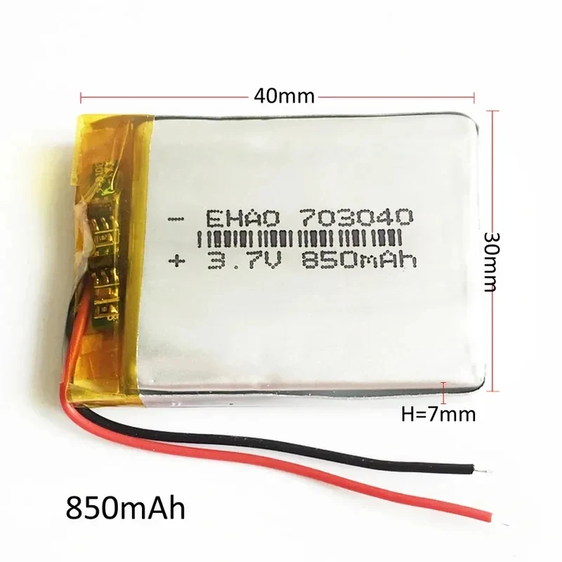 10 PCS 3.7V 850mAh Lipo Lithium Polymer Rechargeable Battery 703040   For Camera DVD E-book Bluetooth Headset Recorder GPS Watch