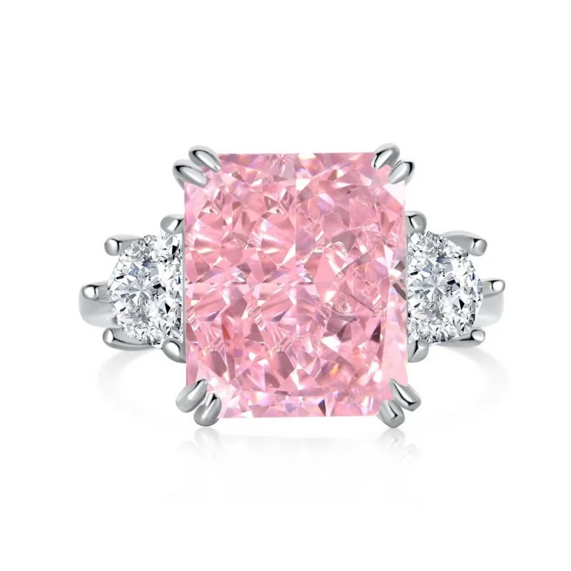 

S925 Sterling Silver Rhodium Plated Radiant Cut Pink Cubic Zirconia 3-Stone Simulated Diamond Ring