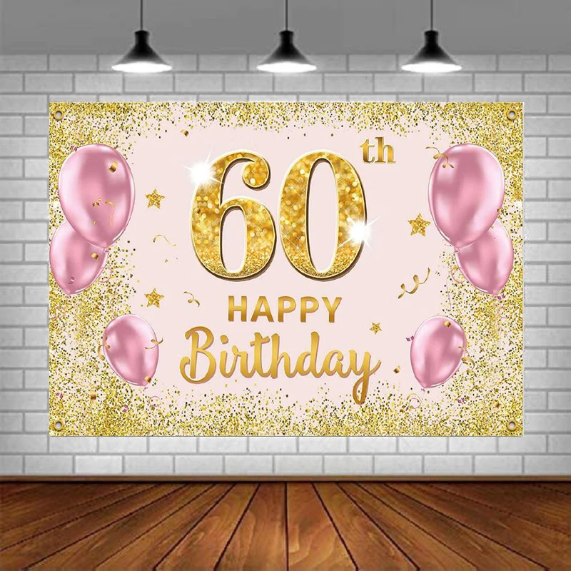 Photography Backdrop 60th Birthday Banner Party Decorations Supplies Balloons Star Speckled Background For Women Gold Pink