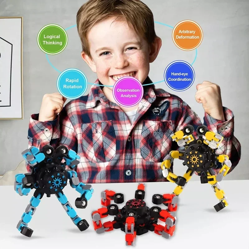 Funny Sensory Fidget Toys, Transformable Chain Robot Finger Toy 4PCS DIY Deformation Robot Mechanical Spinners