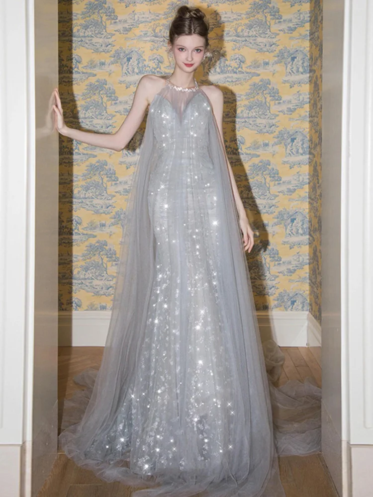 

Sexy Morning Robe with Sequins Light Veil Hanging Ne out Door Wedding Dr for Bride High Waist A-Line Skirt Long Evening ...