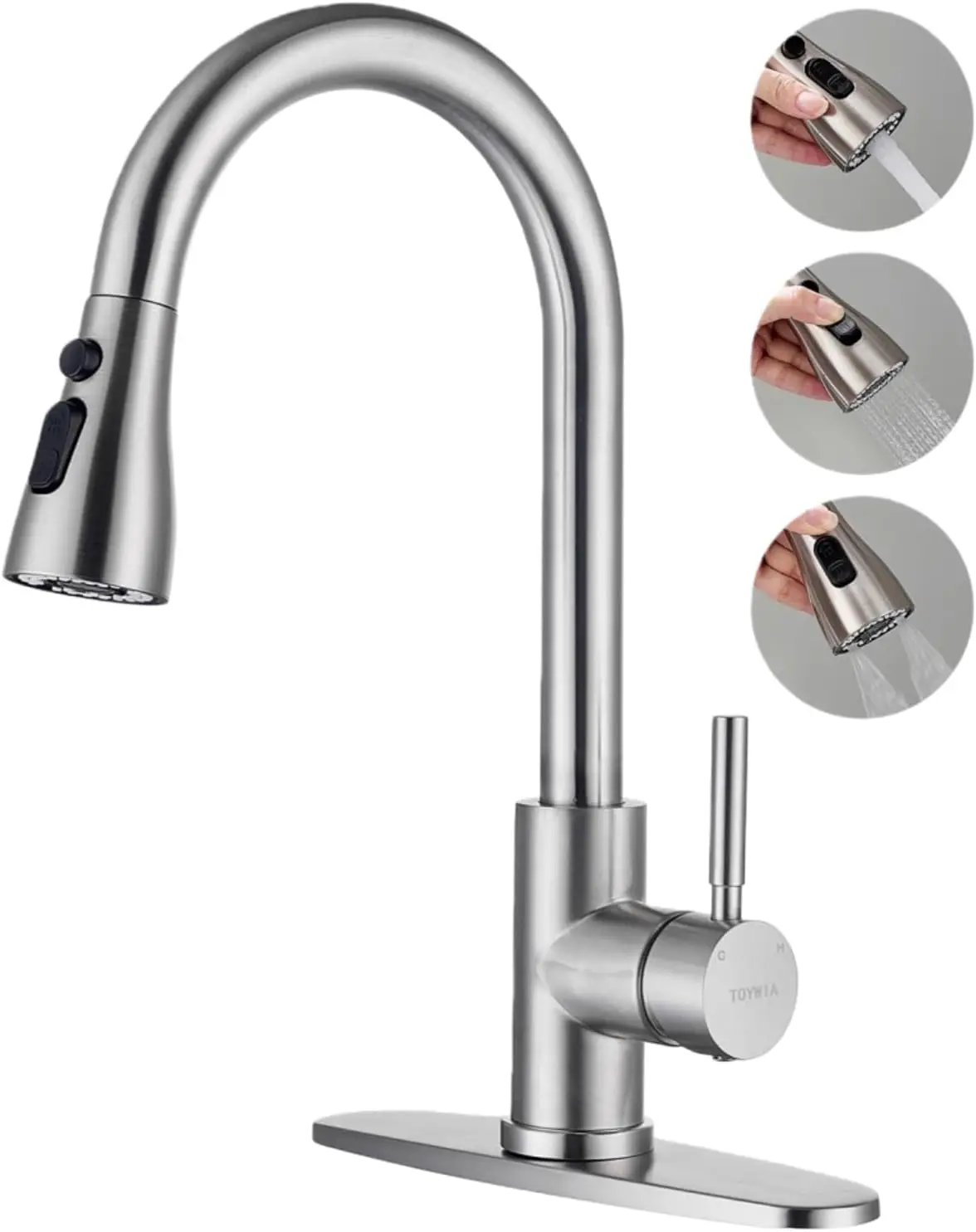 

Kitchen Faucet with Pull Down Sprayer, 3-Function, Brushed Nickel Stainless Steel, Single Handle, High Arc for RV, Bar, Farmhous