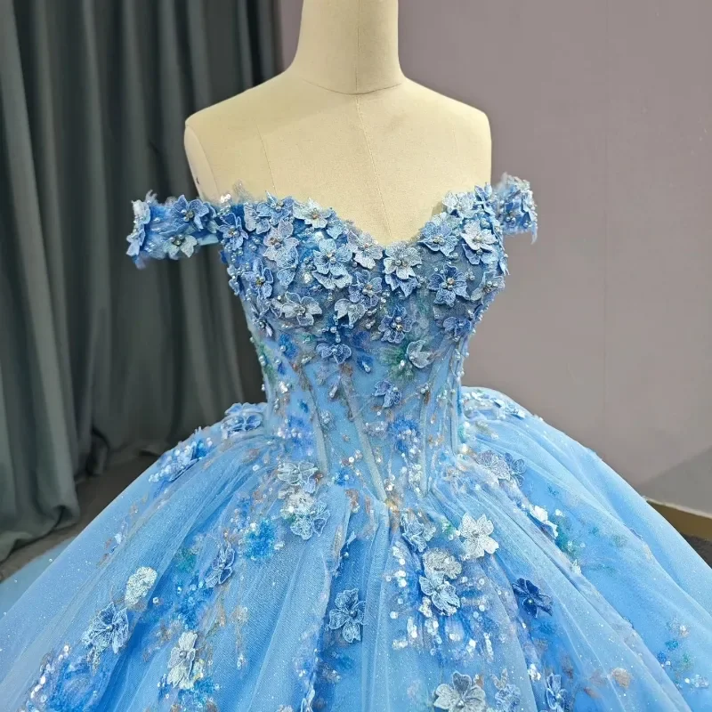 Sky Blue Princess Quinceanera Dresses Beads Appliques Hand 3D Flowers Beads Princess Ball Gowns Sweet 15 Party Wear Customized