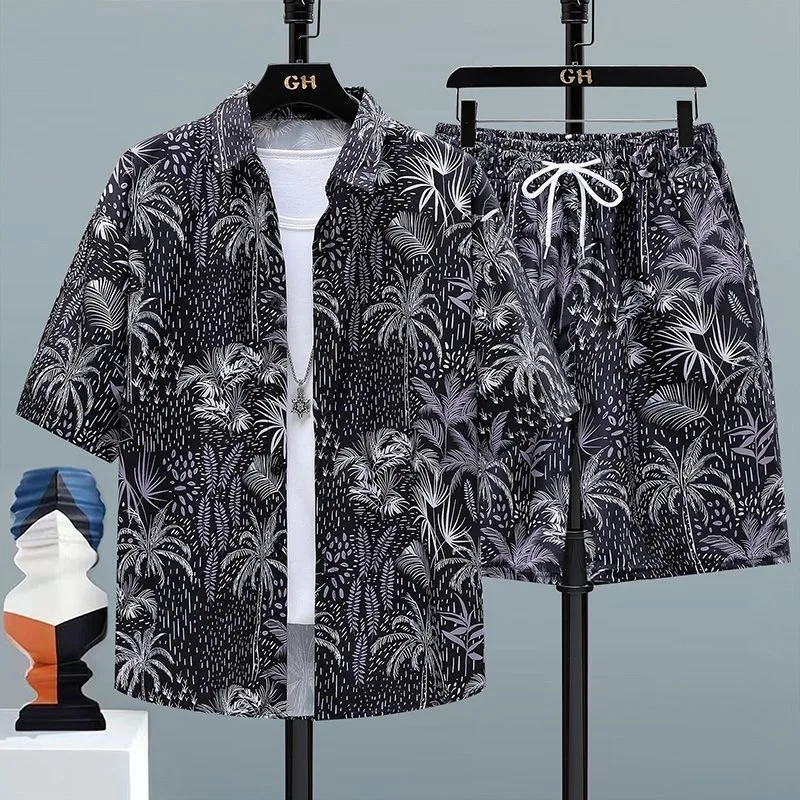 

Men's Summer Travel Shirt Set Ice Silk Floral Print Short Sleeve Shirt Beach Shorts Combo Trendy Vacation Casual Wear