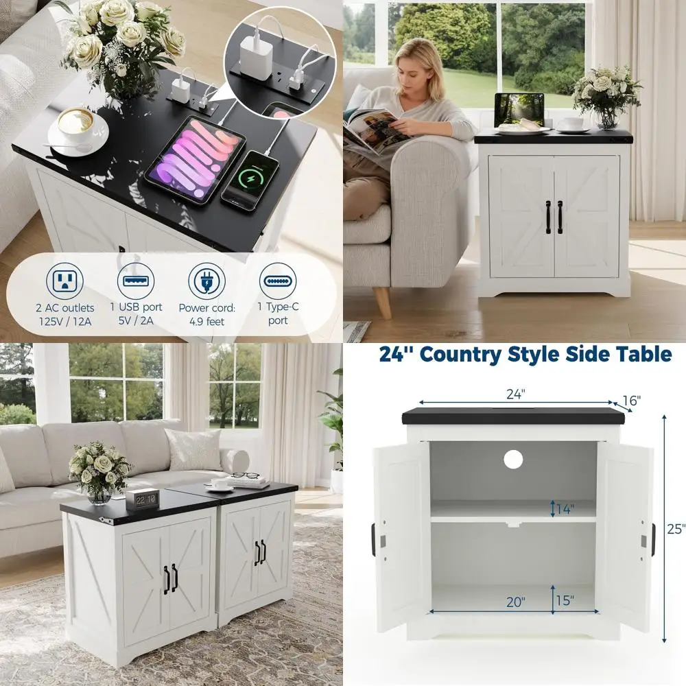 

24 Farmhouse Style Side Table with Charging Station, USB/Type-C Ports, and Outlets | Sliding Door Nightstand for Home and Office