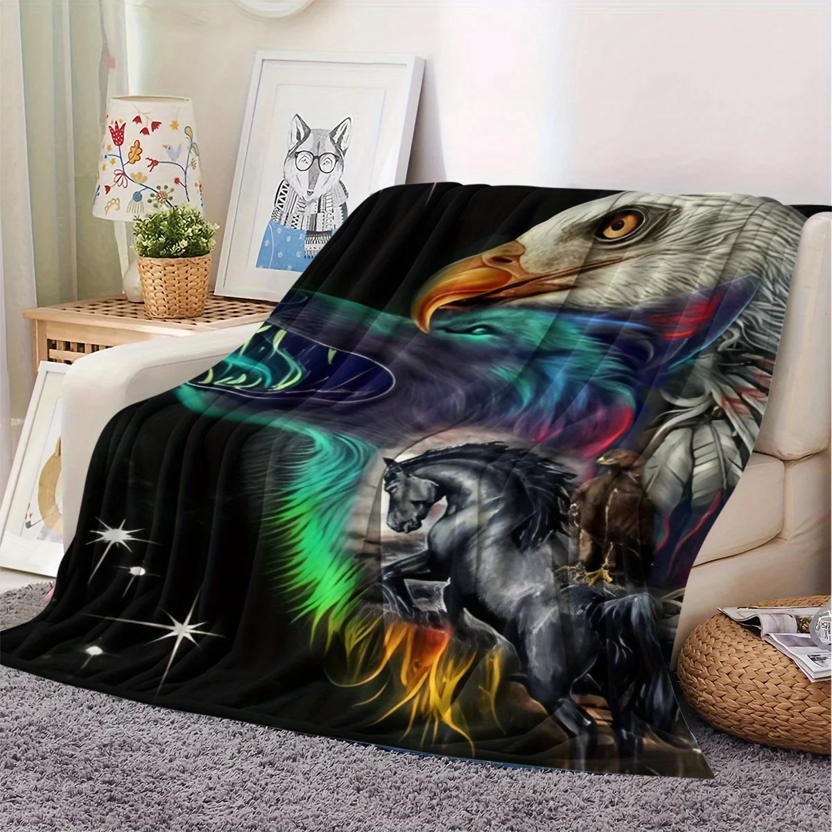 Mystic Wildlife Pattern Flannel Blanket Majestic Eagle Roaring Wolf And Galloping Black Horse Dark Glowing Star Background