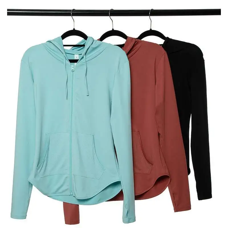 

Женская однотонная толстовка с капюшоном для тренировок, длинный рукав с отверстиями для большого пальца, рубашка для йоги на молнии, дышащая быстросохнущая спортивная куртка