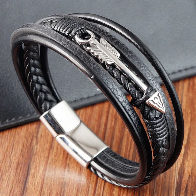 Charm Italian Stainless Steel Jewelry Genuine Leather Bracelet Hip-hop Arrows Multi-layer Woven Bracelet