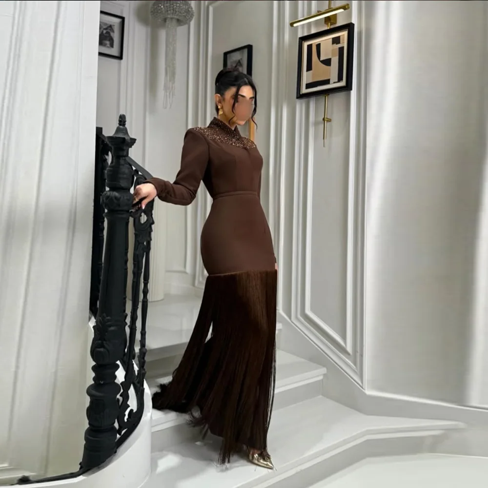 

Customized Glitter Long Sleeves Evening Dress Formal Pleat Tassel Trumpet Long Prom Dresses Elegant Party Wedding Gowns