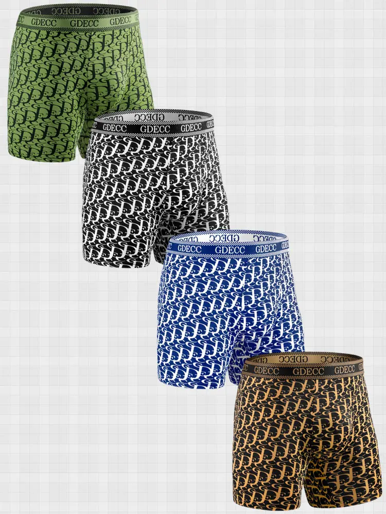 4PCS summer ice silk thin style, smooth, skin-friendly, comfy letter design, men\'s long boxer briefs with gift box