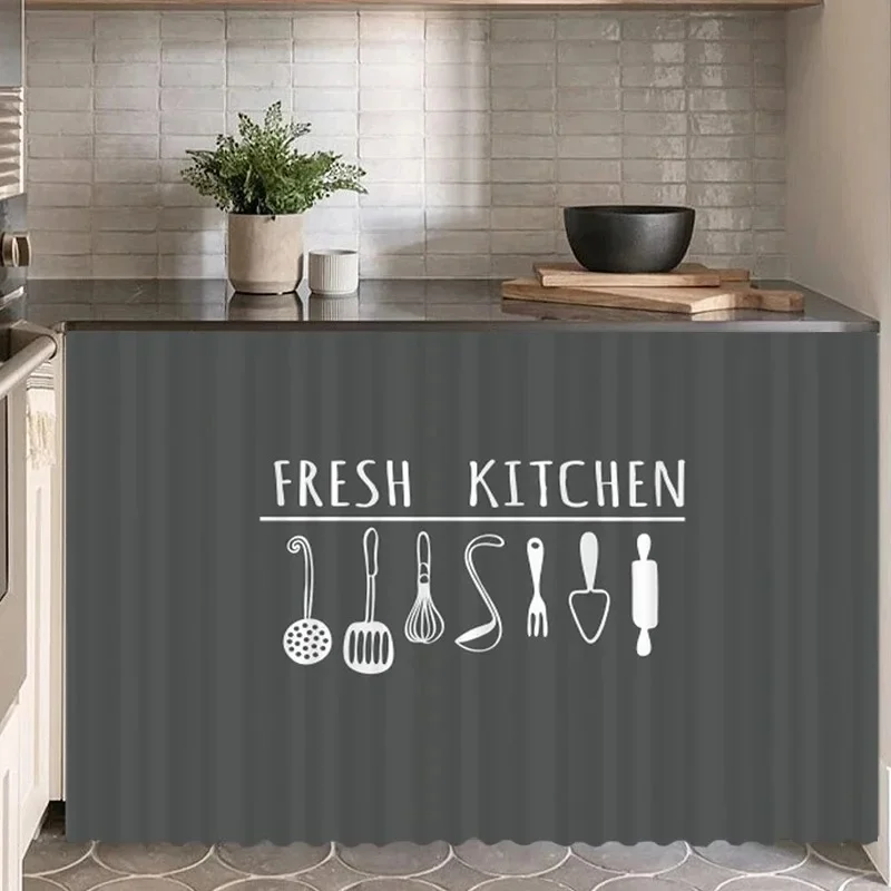 VIKAMA Modern Kitchen Long Cabinet Curtain Hand Drawn Kitchenware Print Fabric Dust-proof Curtain Home Ornament
