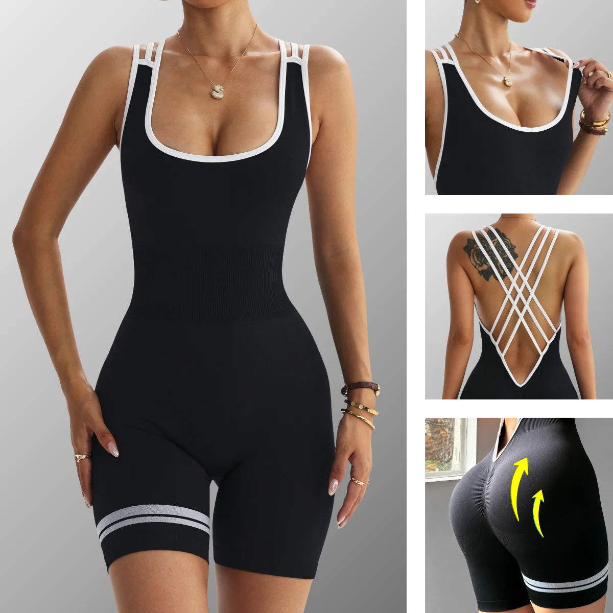 

Женский черный комбинезон-боди с открытой спиной, перекрестными бретелями, без рукавов, для йоги, с высокой талией, спортивный ромпер для тренировок и фитнеса