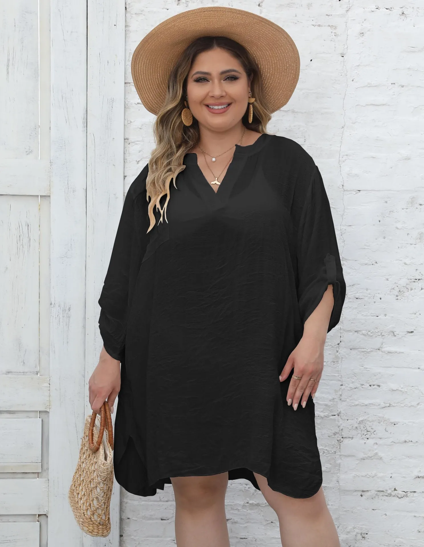 Bluzka damska Plus Size Cover Ups z dekoltem w szpic Sexy sukienki luźna dama solidna Bikini na plażę na wakacje wiosna lato