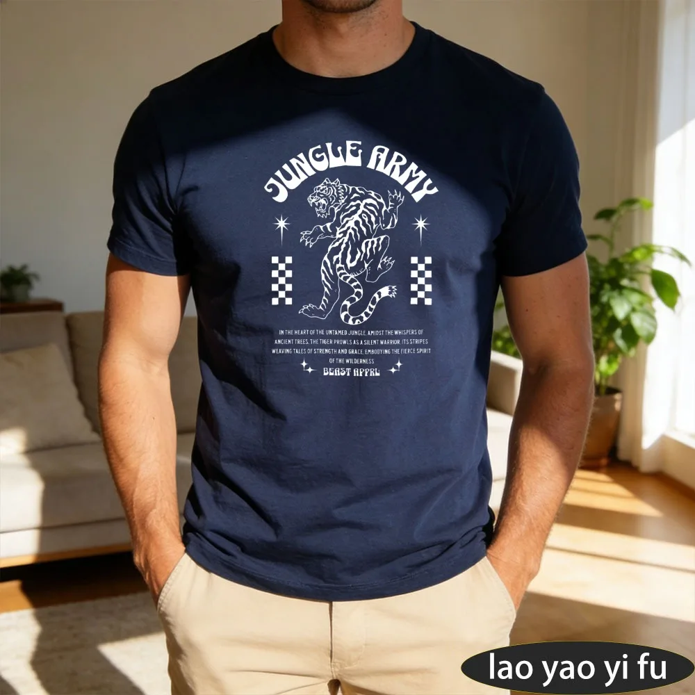 Retro Jungle Army Tiger Beast Graphic Tee Men Wild Animal Star Checkered Print Cotton Short Sleeve Casual Daily T Shirt
