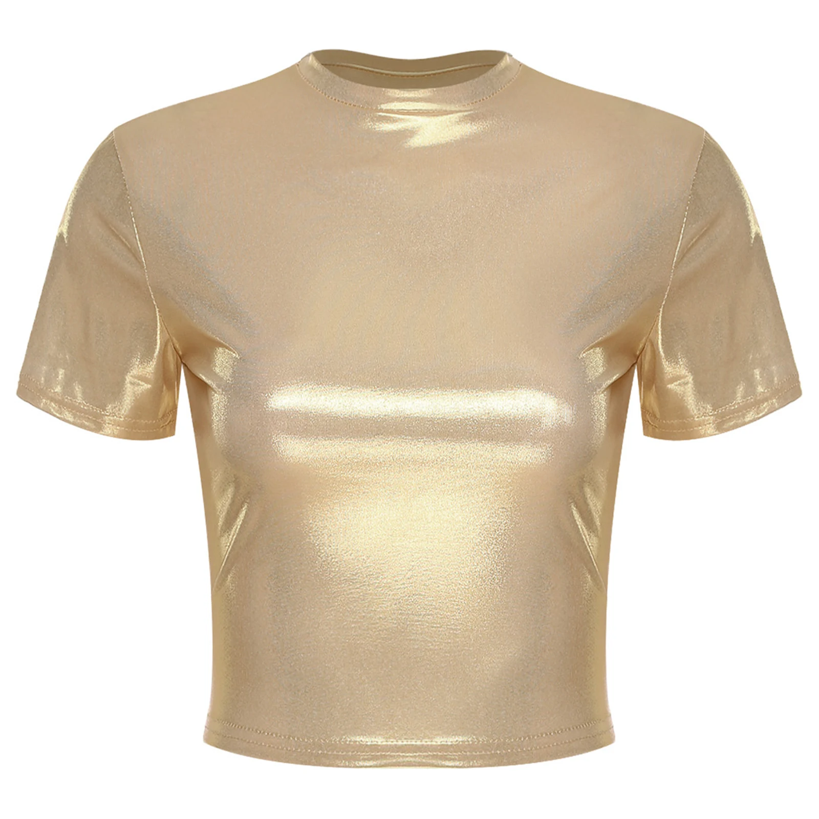 Damska metaliczna, błyszcząca bluzka crop top z okrągłym dekoltem, krótkim rękawem, dopasowana bluzka, top do tańca jazzowego na imprezy klubowe i rave'y.