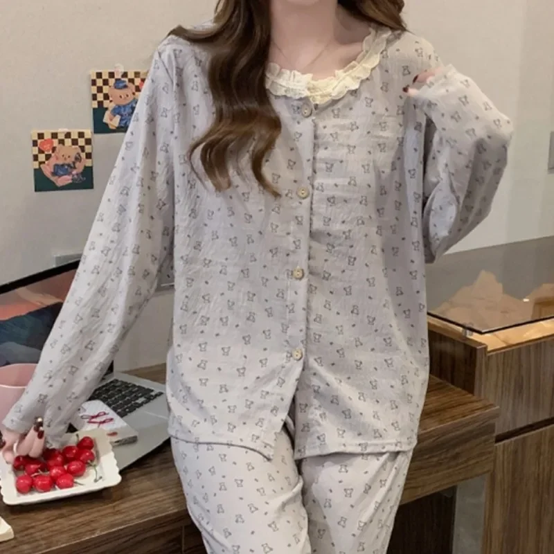 Autumn Cute Women Pajamas Set Light Gray Bear Print Lace Crew Neck 2 Piece Pajamas Set Korean Casual Elegant Sleepwear Homewear