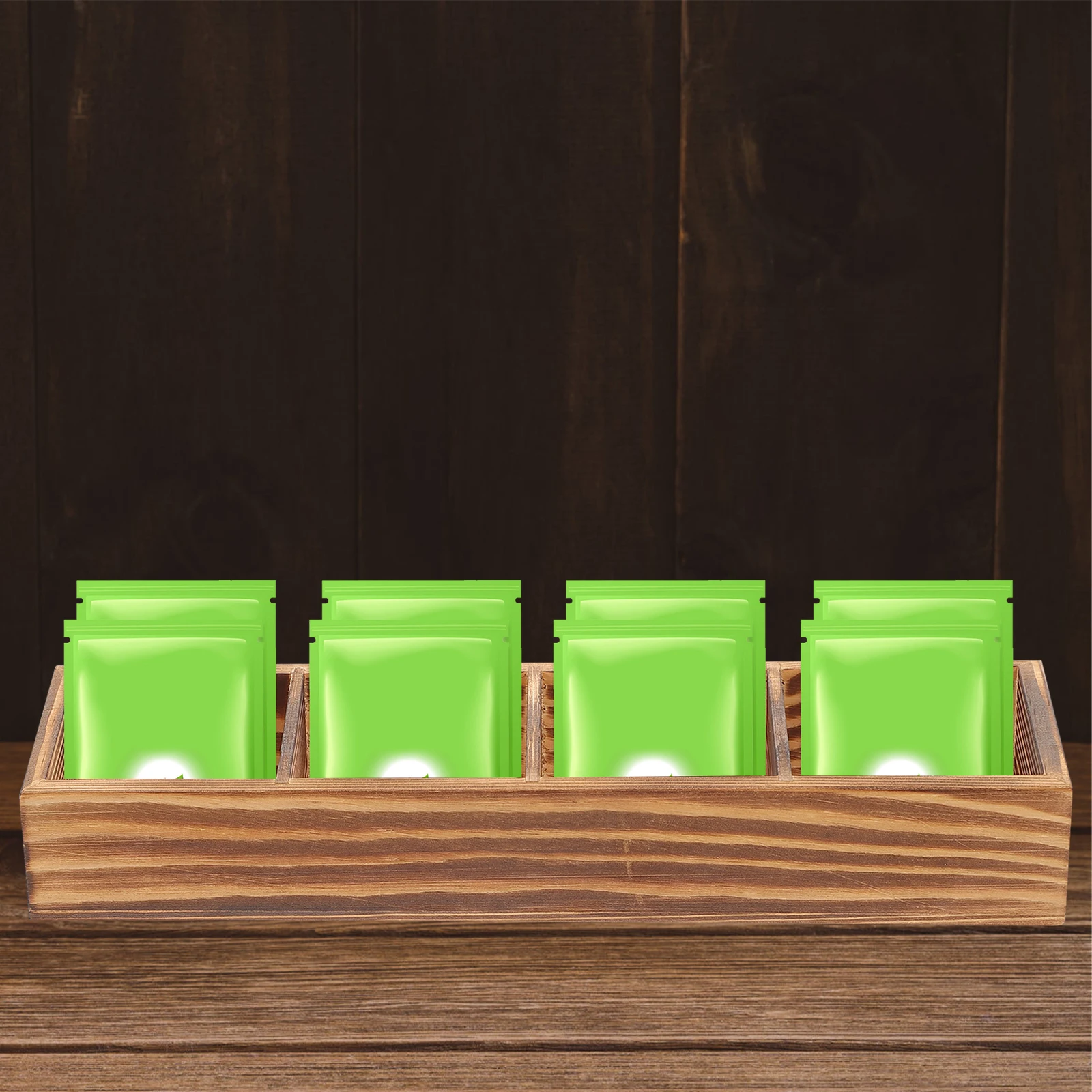 

Wooden Tea Bag Holder Compartments Design Coffee Bag Organizer Countertop Storage Container Elegant Wooden Texture