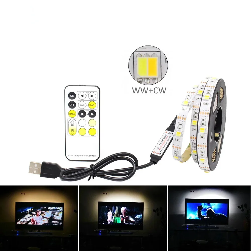 

CCT LED Strip Lights 5V USB Dimmable 30LEDs/m SMD5050 CW WW Dual White Flexible Ribbon RF Remote Control Backlight TV Lighting