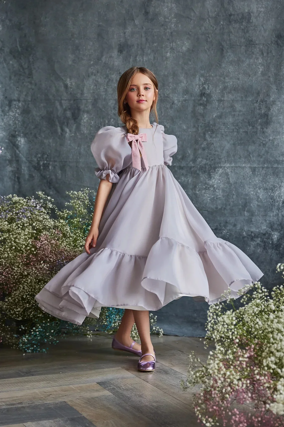 

New Organza Flower Girl Dresses Birthday Tea Length Wedding Party Dress Baeded Short Sleeve Bow Pageant Holy Communion Dress