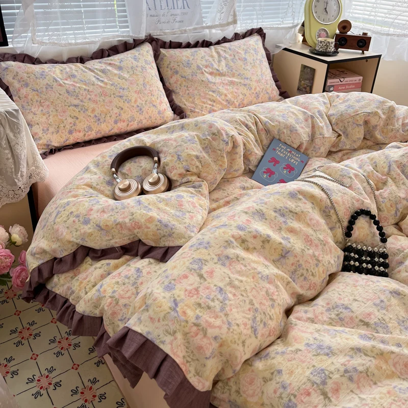 4Pcs Ins100% Cotton Plant FlowerBedding Lace Duvet Cover 150x200 180x220 220x240 Thickened For All Seasons
