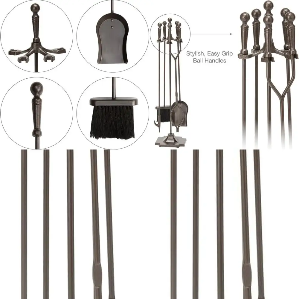 

5-Piece Bronze Fireplace Tool Set with Ball Handles and Pedestal Stand - UniFlame F-1634