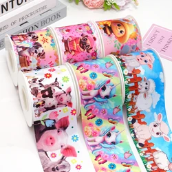 Fai da te Cartoon Animal Dog Pig Unicorn Sheep Printed Grosgrain Ribbon per forniture artigianali accessori per cucire 5 Yards. 87517