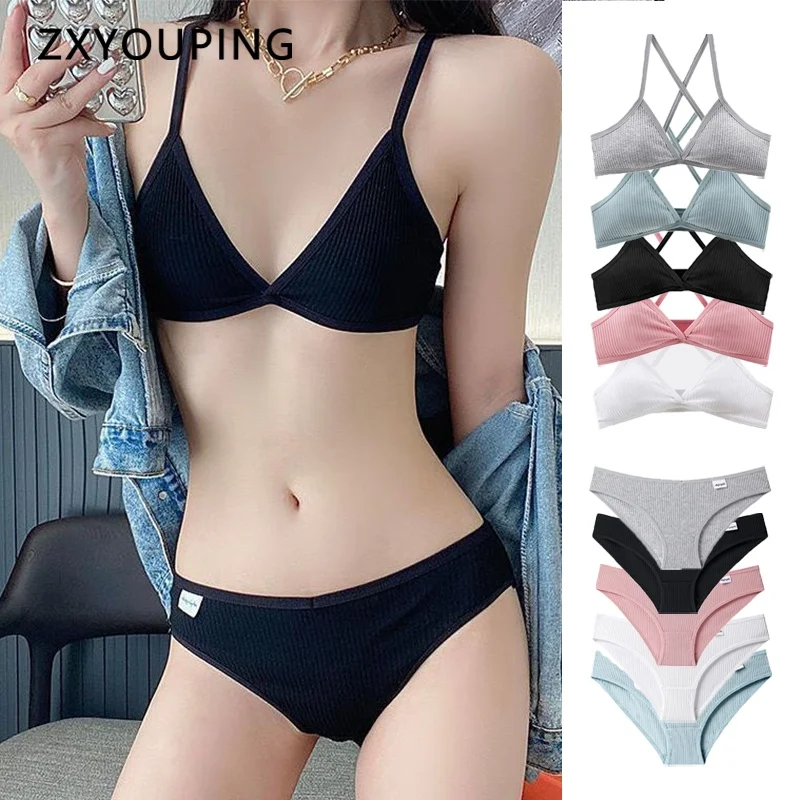 Women Lingerie Set Panties Unpadded Bra Sexy Deep V Triangle Cup Cross Back Bra Top Comfortable Cotton Panty Set