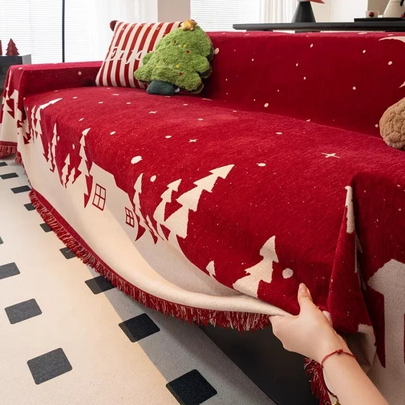 Christmas Universal Chenille Printed Cartoon Sofa Cover Slip-resistant Sofa Nap Blanket Full-wrap Cat-proof Couch Slipcover