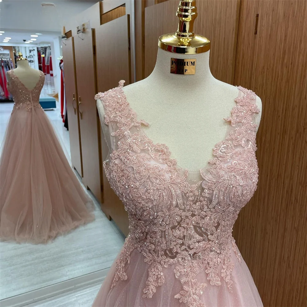 Cathy Pink V-neck Tulle Wedding Dresses Elegant Sleeveless A-line vestidos de noche Floor-length Lace Zip Formal Evening 2024