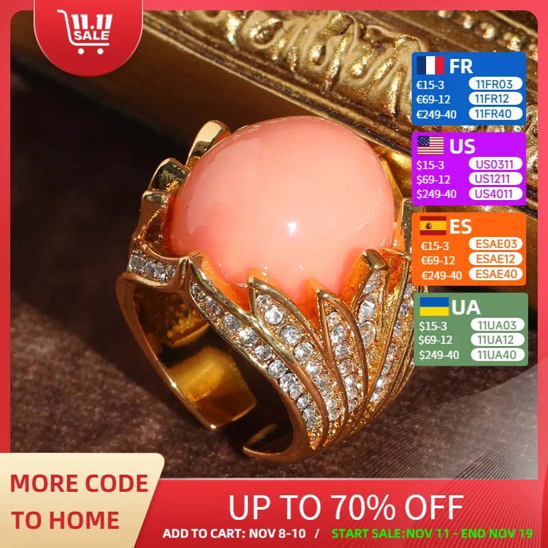

Vintage Pink Natural Stone Wing For Women Rings Gold Color Adjustable Accessories Luxury Designer Jewelry Quality Gifts Wedding
