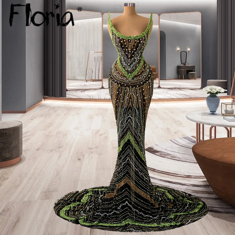 2023 Couture Vestidos De Gala Green Gorgeous Evening Dress Illusion Embroidery Formal Occasion Dresses Dubai فساتبن سهرة فاخرة