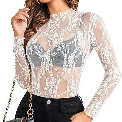 Lace Blouse Sheer Floral See Through Tops Women's Elegant Evening Dress Lace Shirt